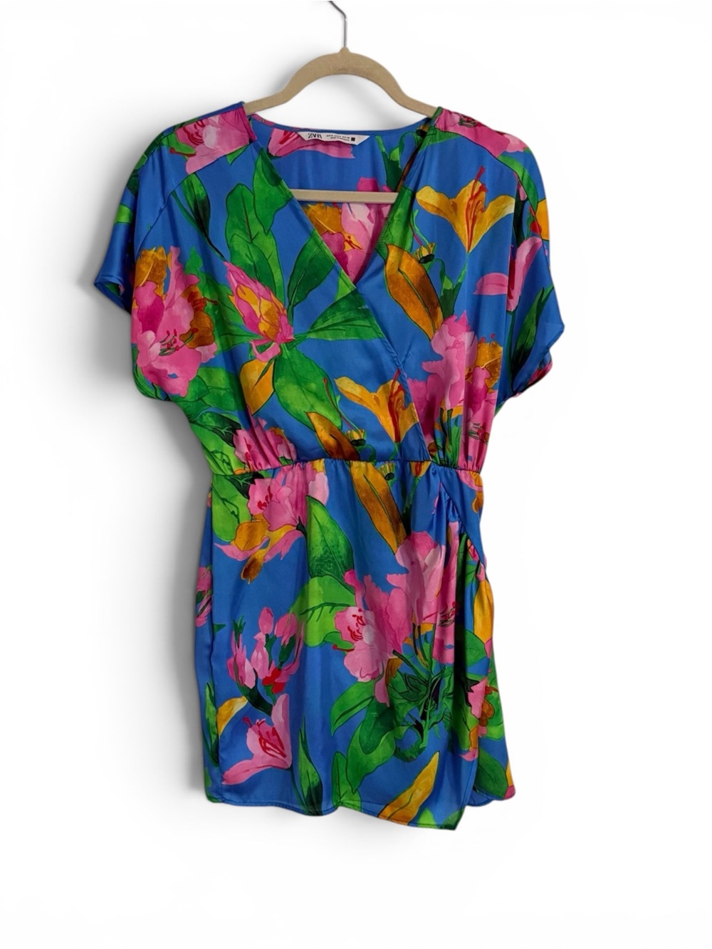 Zara blue dress with pink and orange floral print